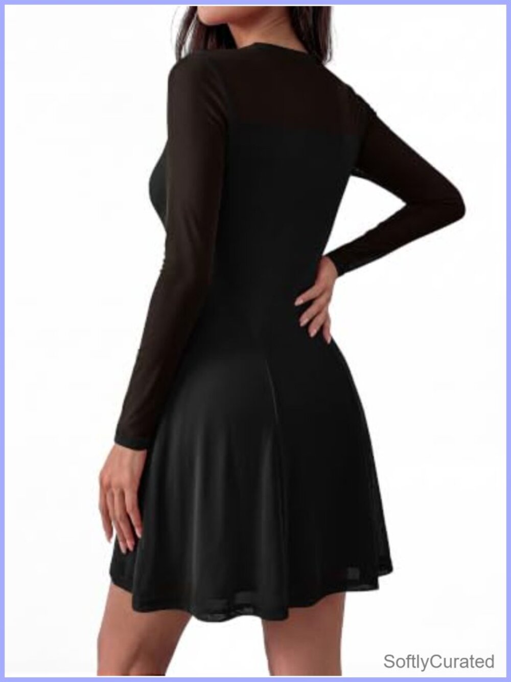Women's Sheer Mesh Long Sleeve Mini Dress A-Line Cocktail Party - Picture 3 of 6